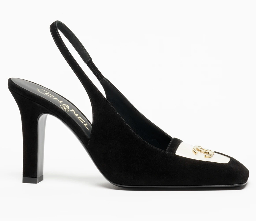 Chanel 26K Blazy Black Suede White Square Toe CC Slingback Sling Heel Pump 40C